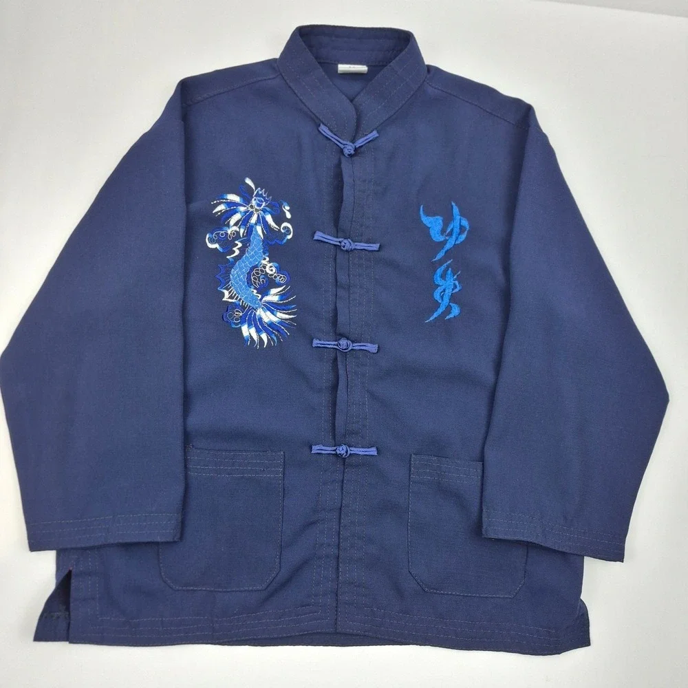 Vtg Mimi Kids Dragon Embroidered Asian Outfit Set‎ Navy Blue Top Pants Sz 10 Y2K